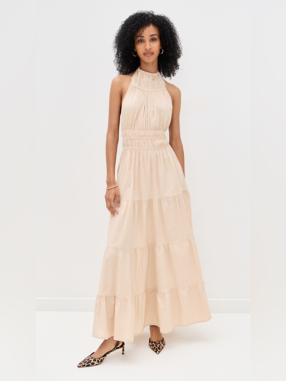 NWT Shopbop Le Bop Sleeveless Beige Halter Maxi Dress with Smocked Waist